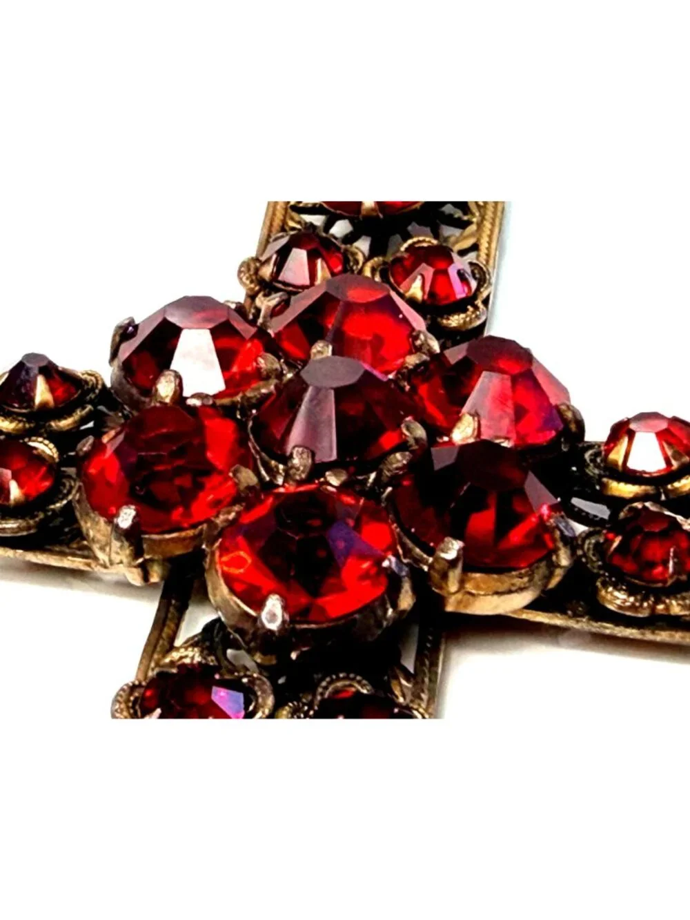 Large Vintage Red Rhinestone Cross Pendant Filigree Brass Czech Gothic Estate 4" - Picture 3 of 8